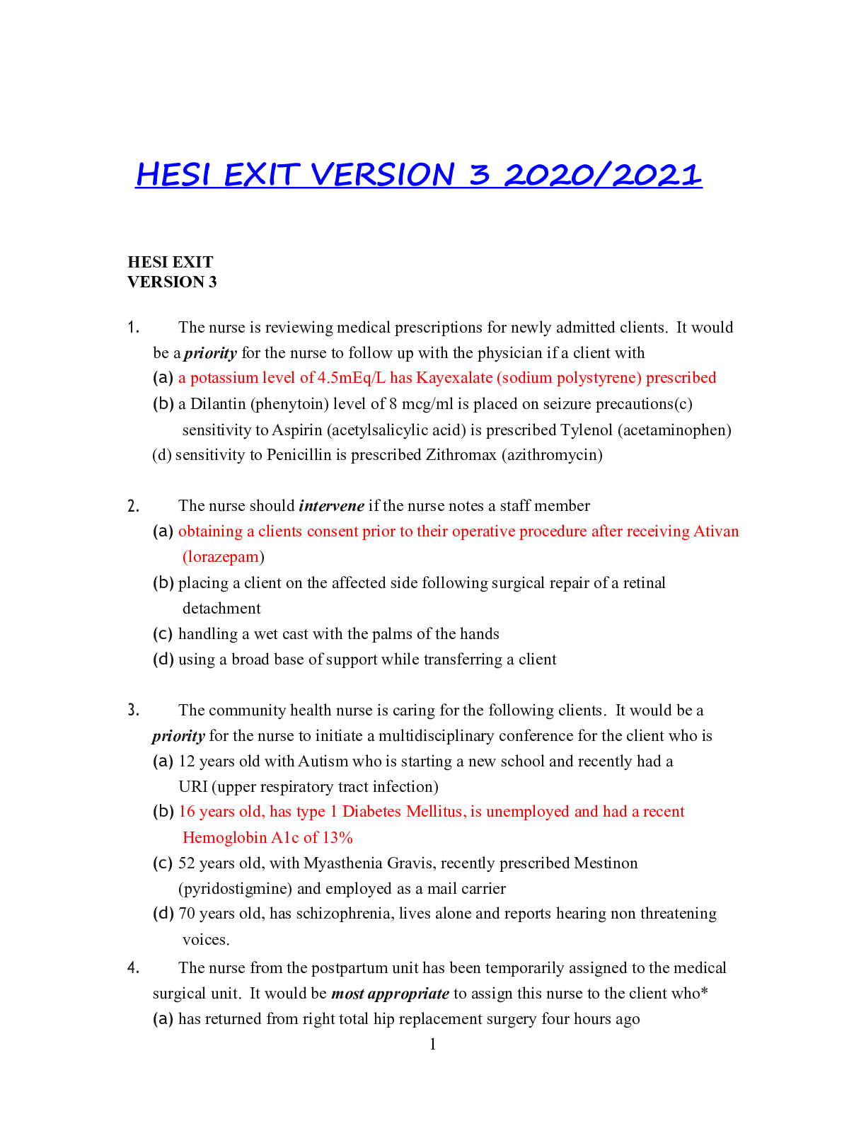 Preview of HESI EXIT VERSION 3 2020/2021